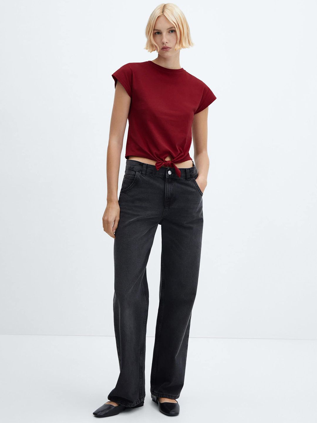 Tie Up Waist Extended Sleeves Pure Cotton T-shirt