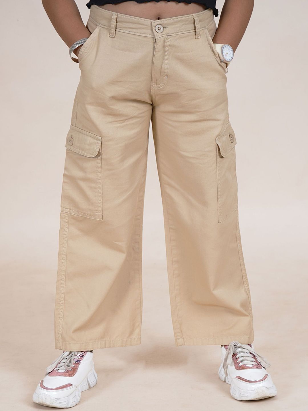 KiddoPanti Girls Mid-rise Straight Fit Pure Cotton Cargo Pant