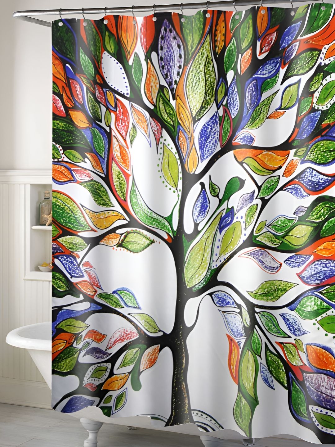 Lushomes White & Green Tree Printed Shower Curtain