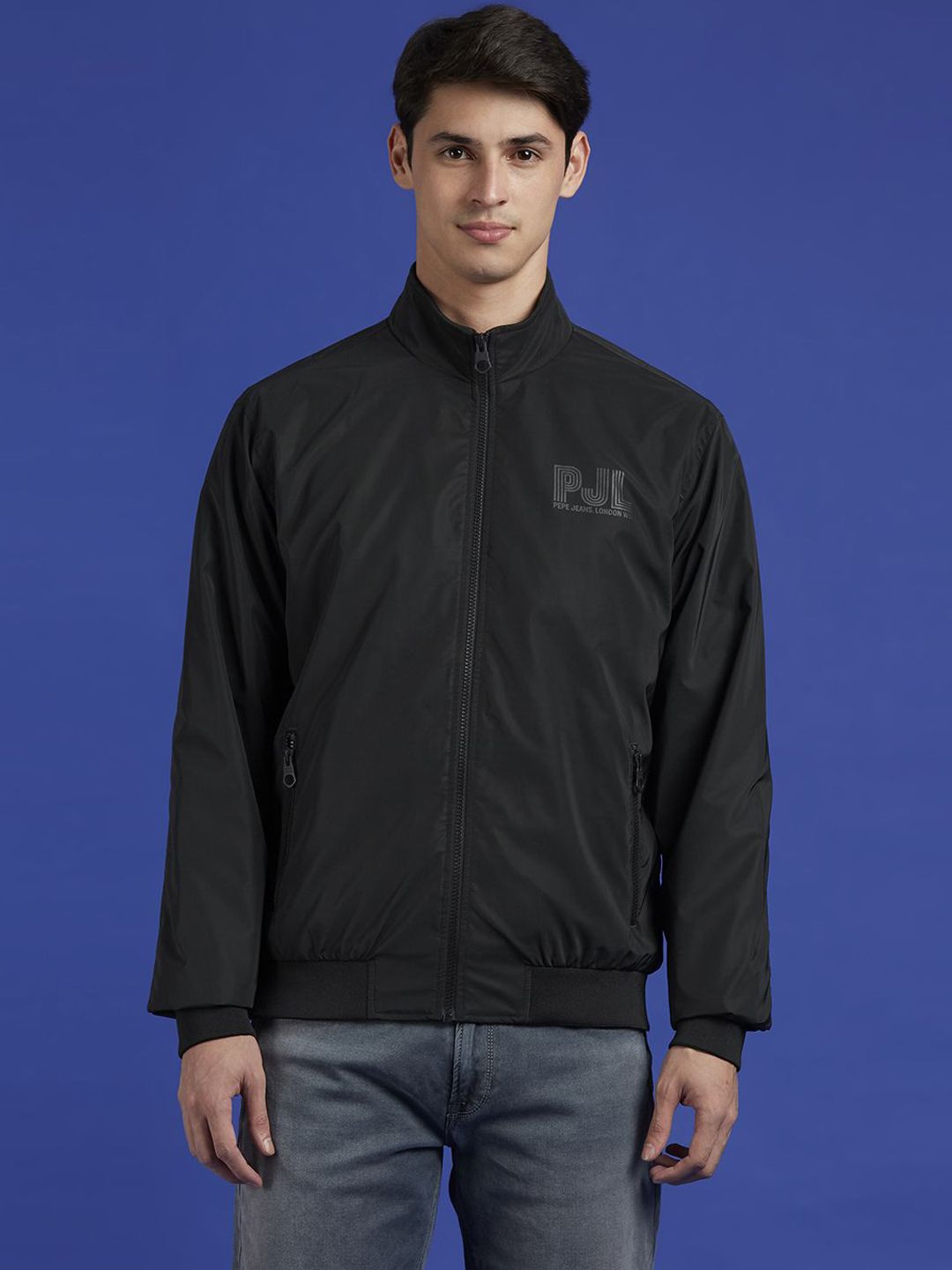 Pepe Jeans Men Mock Collar Solid Casual Sporty Jacket