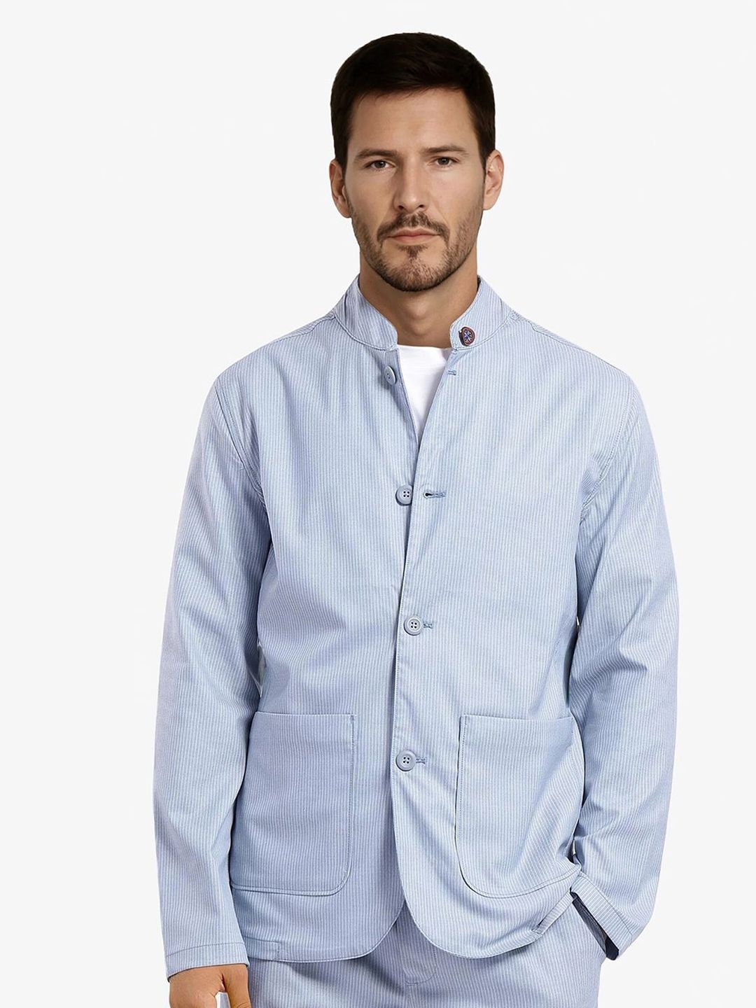 Rare Rabbit Mens Blue Regular Fit Striped Brunch Jacket