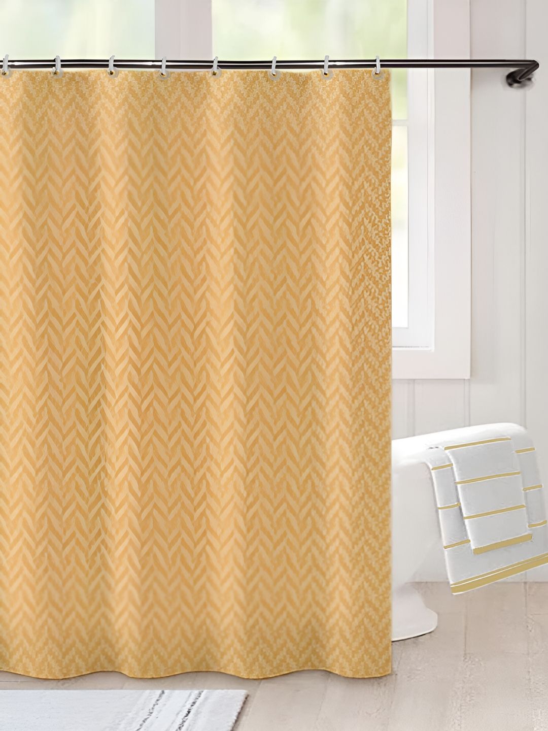 Lushomes Beige Zig Zag Self Design Shower Curtain