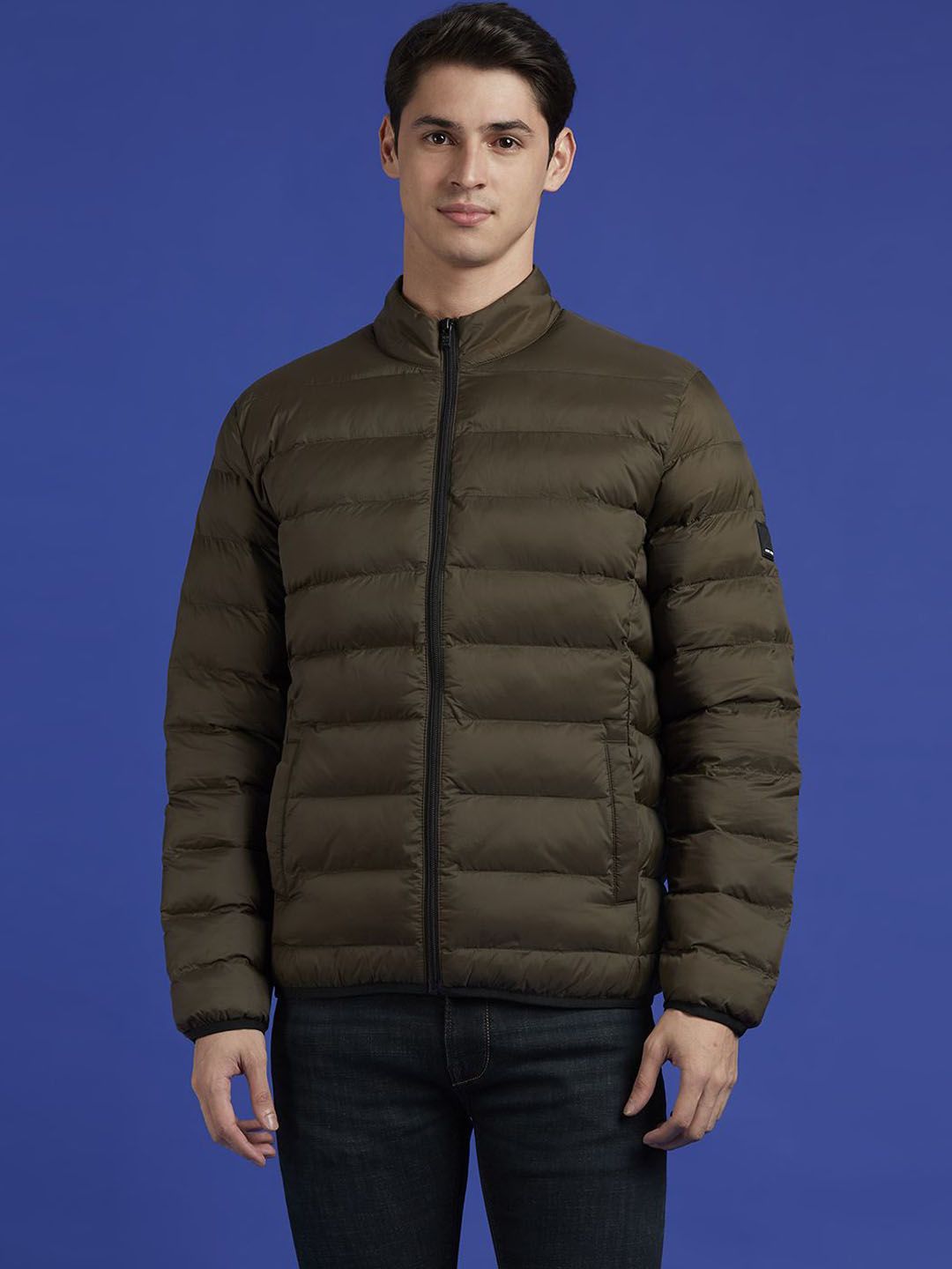 Pepe Jeans Men Mock Collar Solid Casual Puffer Jacket