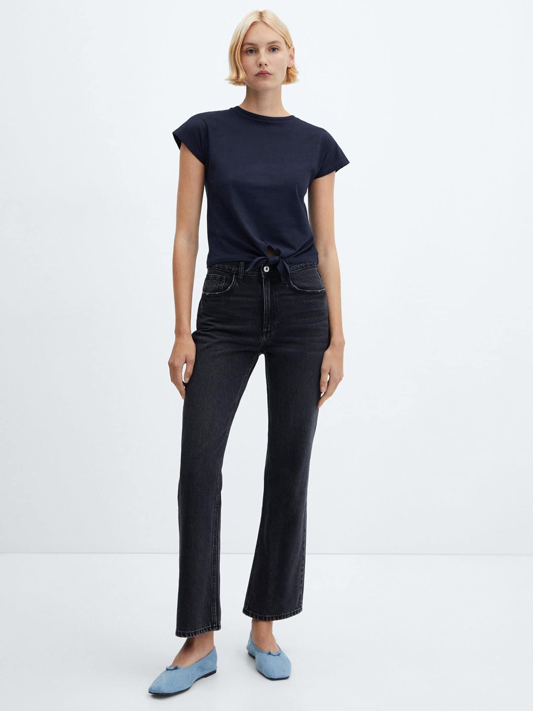 Tie Up Waist Extended Sleeves Pure Cotton T-shirt