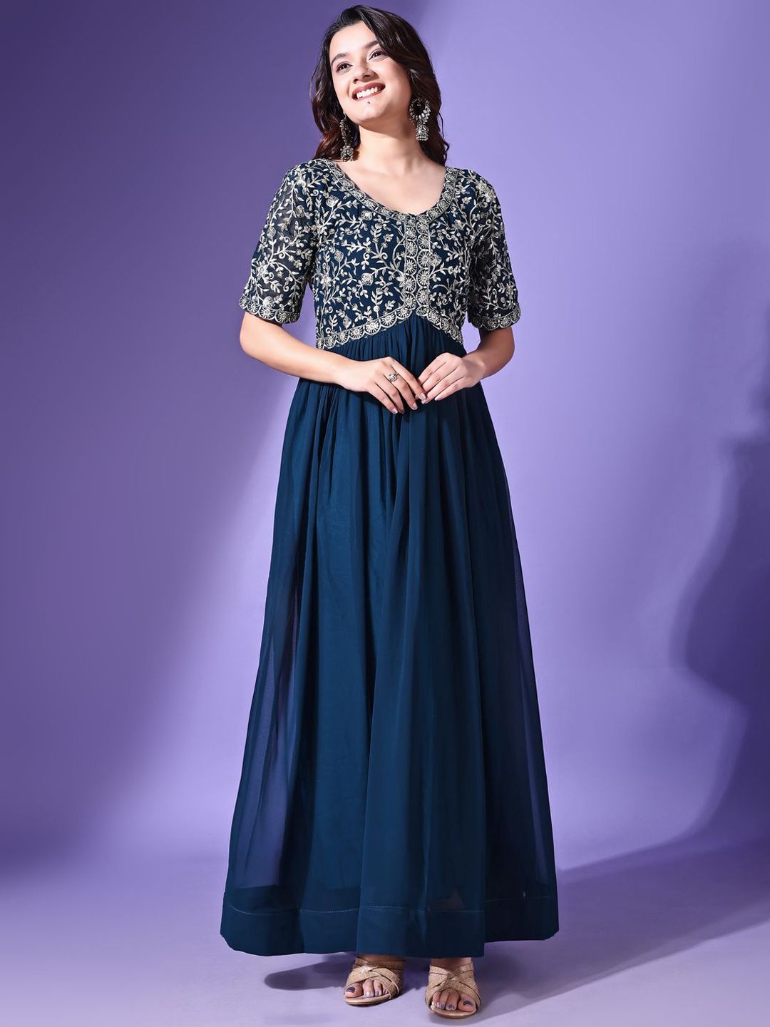 Buy KALINI Floral Embroidered Georgette Maxi Fit and Flare Ethnic Dress -  Ethnic Dresses for Women 31209154 | Myntra