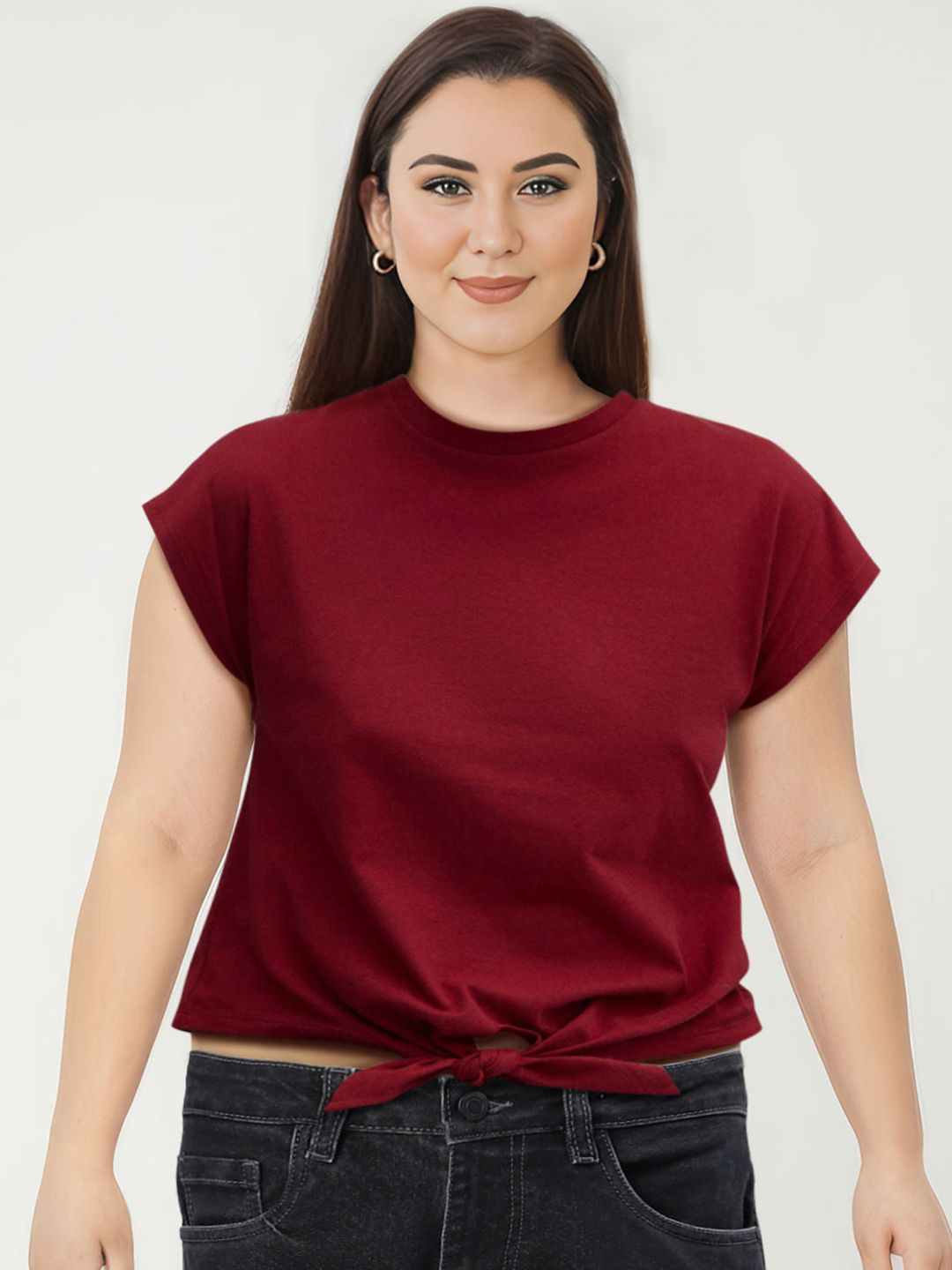 Tie Up Waist Extended Sleeves Pure Cotton T-shirt