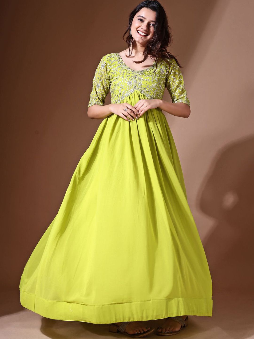kalini floral embroidered sequinned georgette maxi ethnic dress reviews A-line Bohemian Wedding Dress with Bell sleeves V-neck COCOMELODY CW2784, 45 Days / Black / US10-UK12-EUR40 main image 0