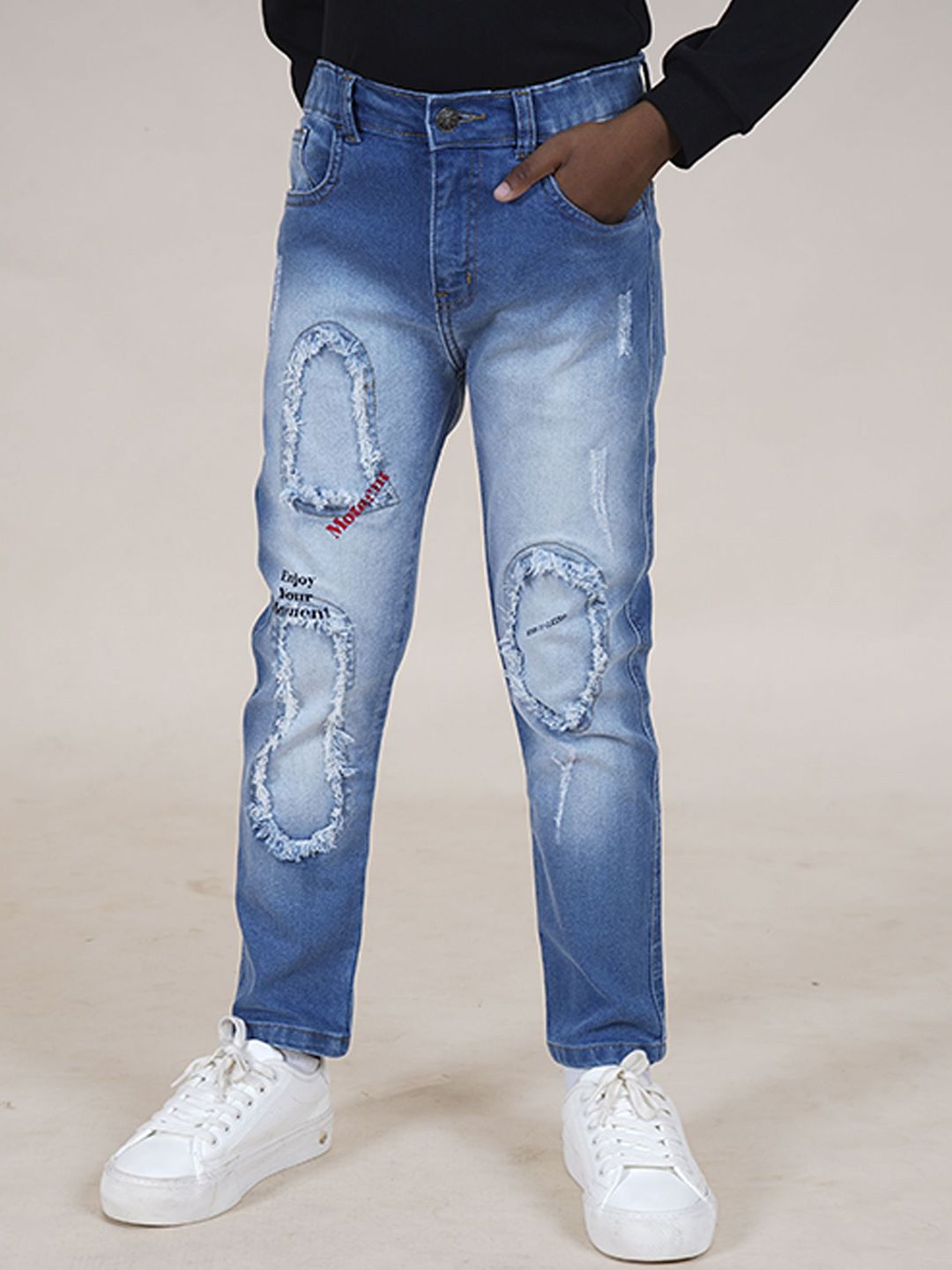 KiddoPanti Boys Jean Straight Fit Mildly Distressed Heavy Fade Printed Stretchable Jeans