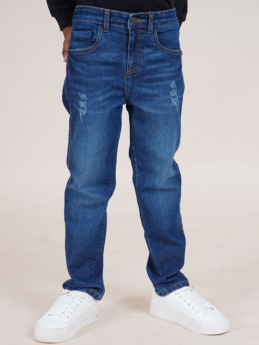 KiddoPanti Boys Jean Straight Fit Mildly Distressed Light Fade Stretchable Jeans