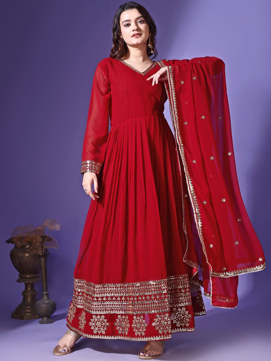 KALINI Embroidered Thread Work V-Neck Georgette Anarkali Kurta with Trouser & Dupatta
