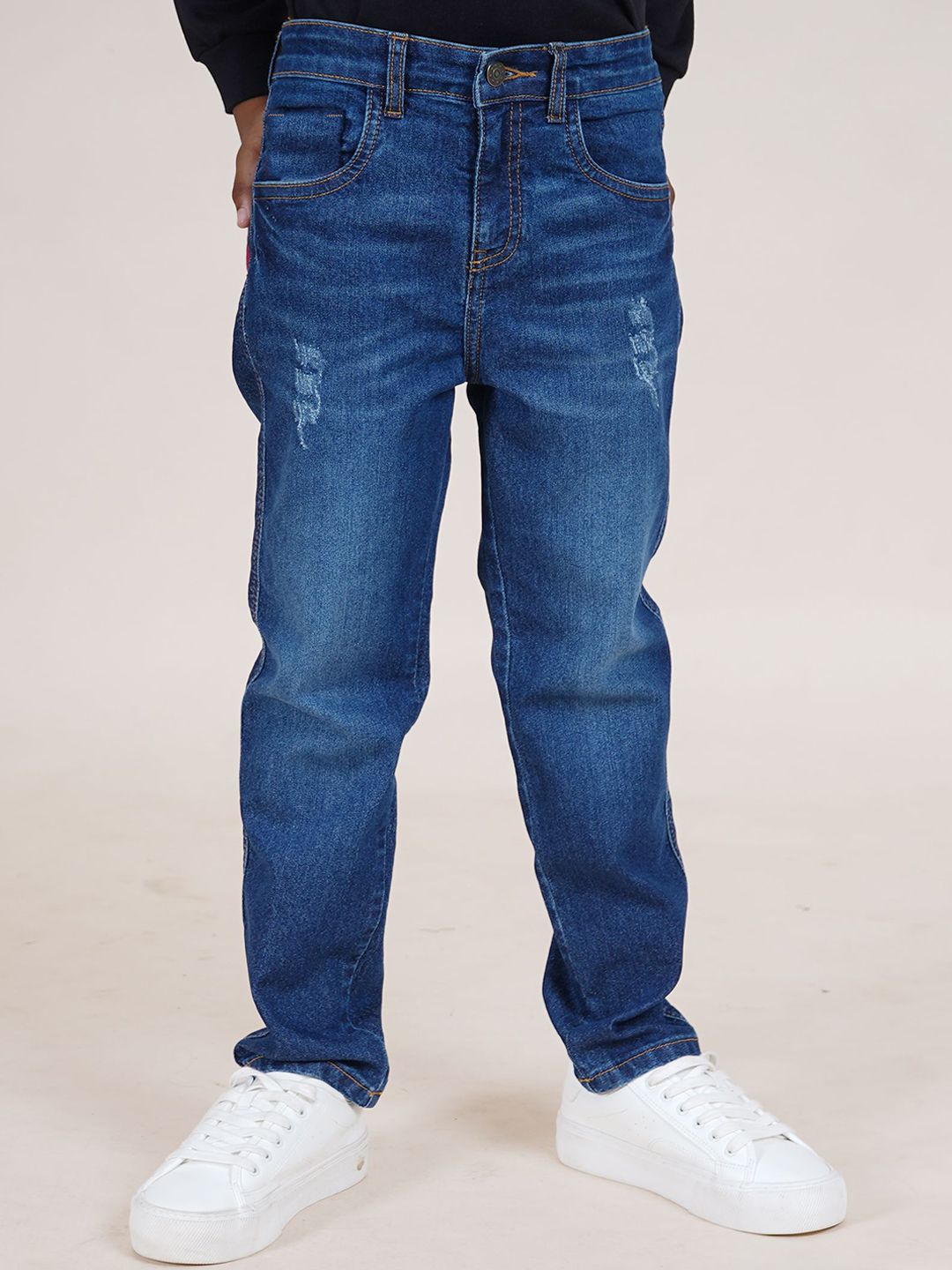 KiddoPanti Boys Jean Straight Fit Mildly Distressed Light Fade Stretchable Jeans