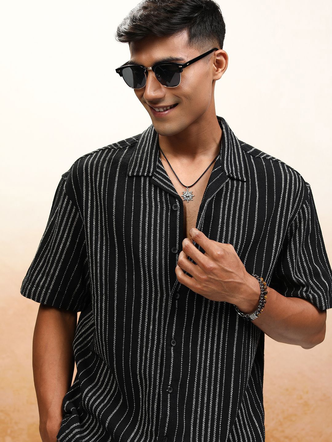 Highlander Men Ecru Textured Dobby Striped Oversized Shirt