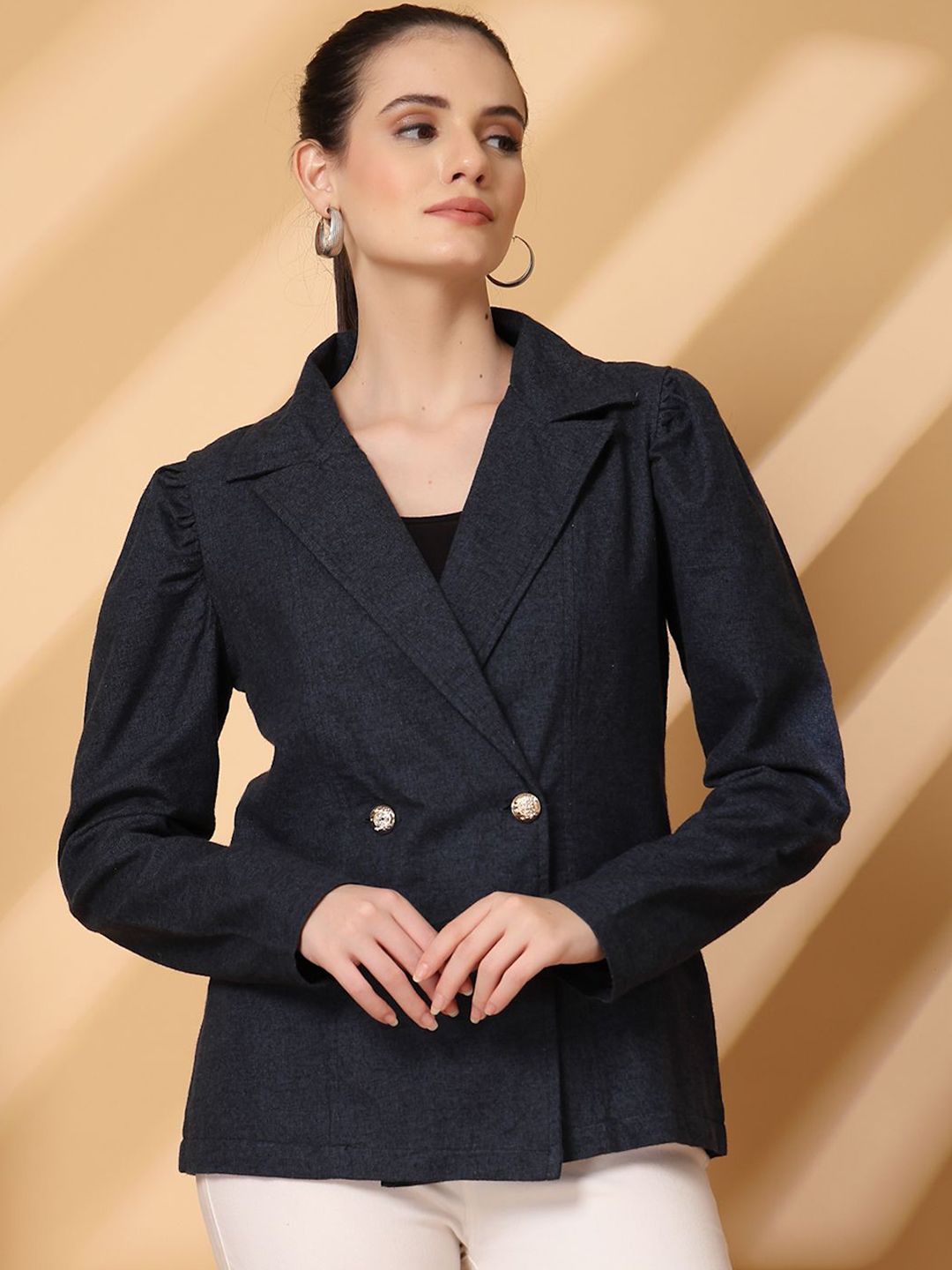 plusS Notched Lapel Cotton Double Breasted Blazer deal from myntra