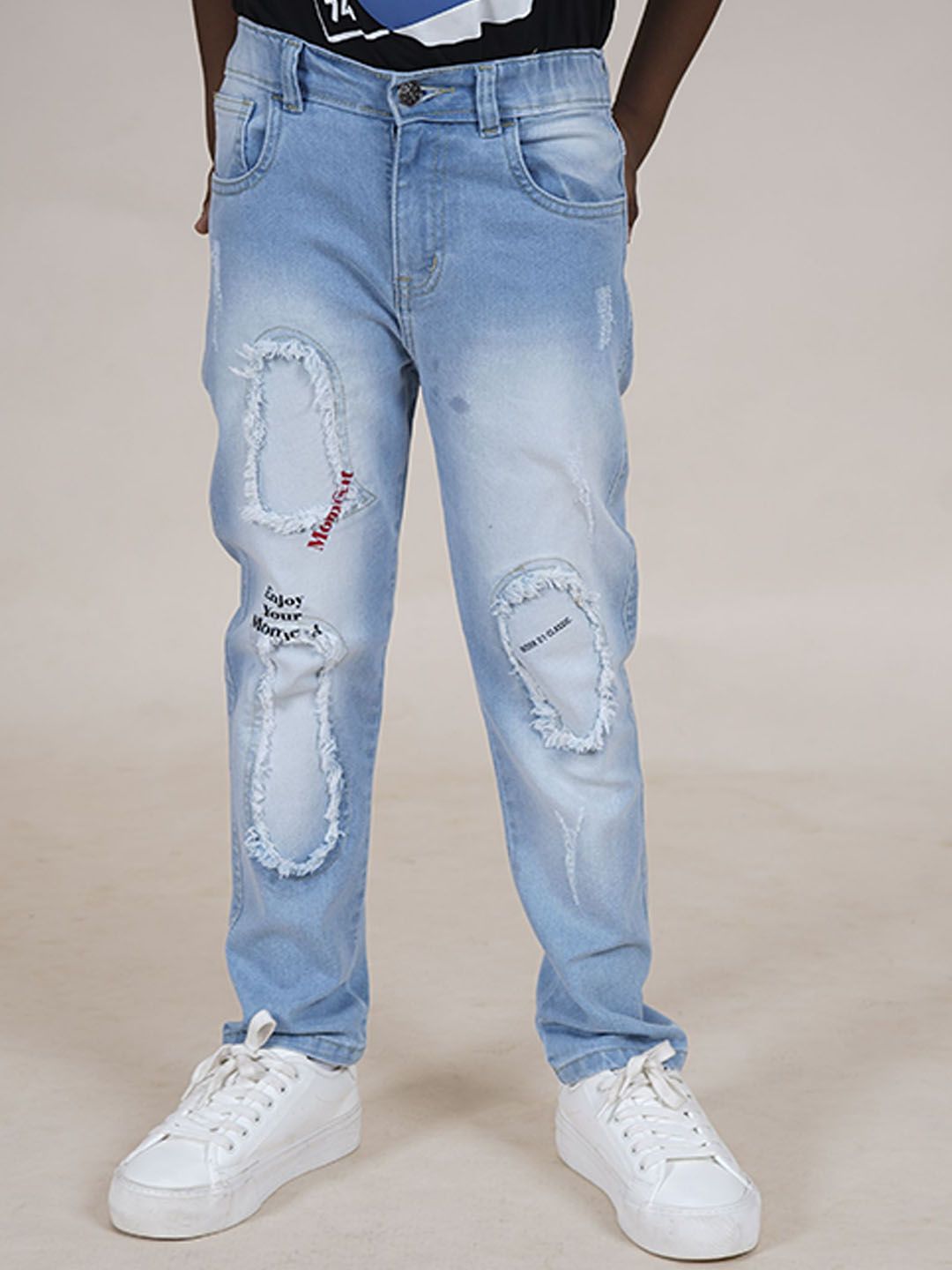 KiddoPanti Boys Jean Straight Fit Mildly Distressed Heavy Fade Printed Stretchable Jeans