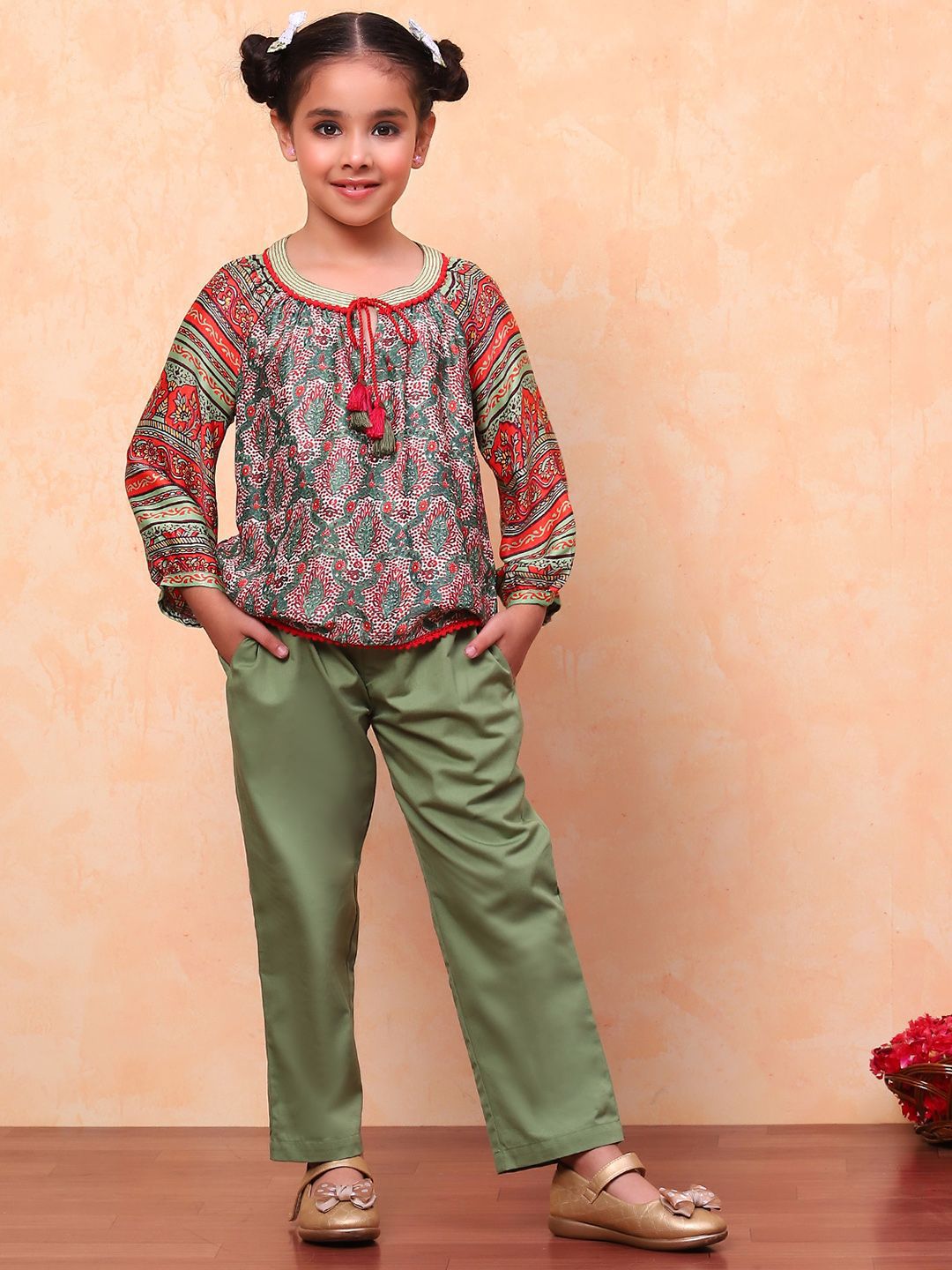 Biba Girls Printed Tie-up Neck Top with Trouser Clothing Set