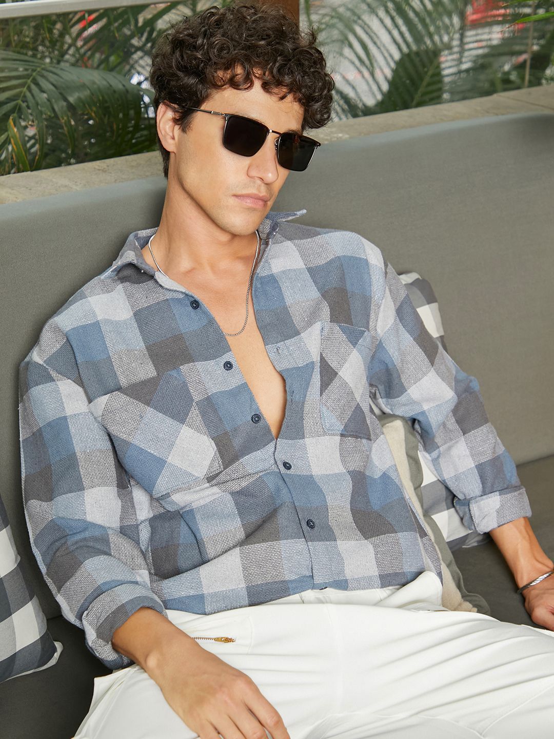 CAHOOT Men Comfort Spread Collar Gingham Checked Cotton Oversized Casual Shirt