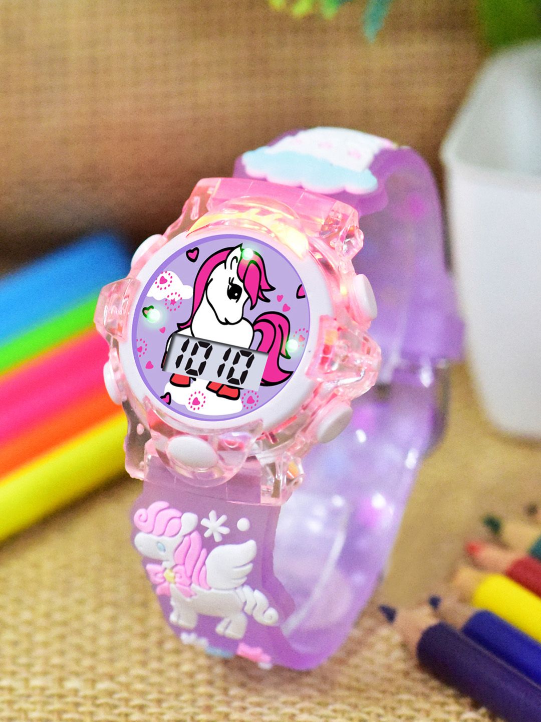 Shocknshop Shocknshop Girls Patterned Dial & Strap Digital Multi Function Watch 331 FlyUnicorn Purple