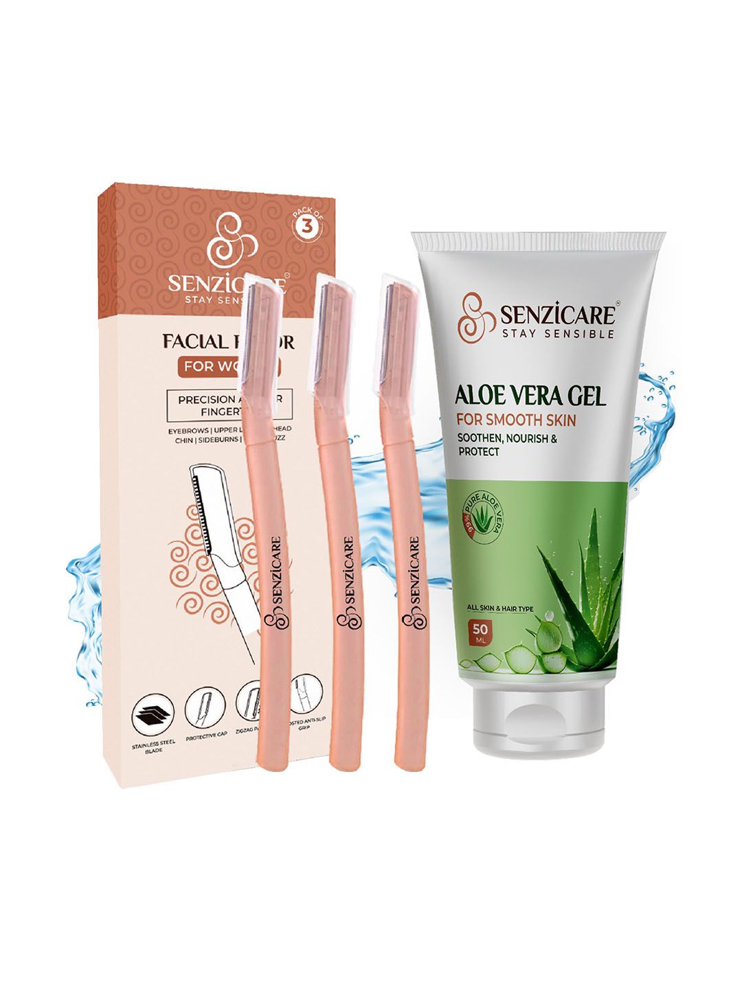 Senzicare Senzicare Set Of 3 Facial Razor With Aloe Vera Gel - 50ml