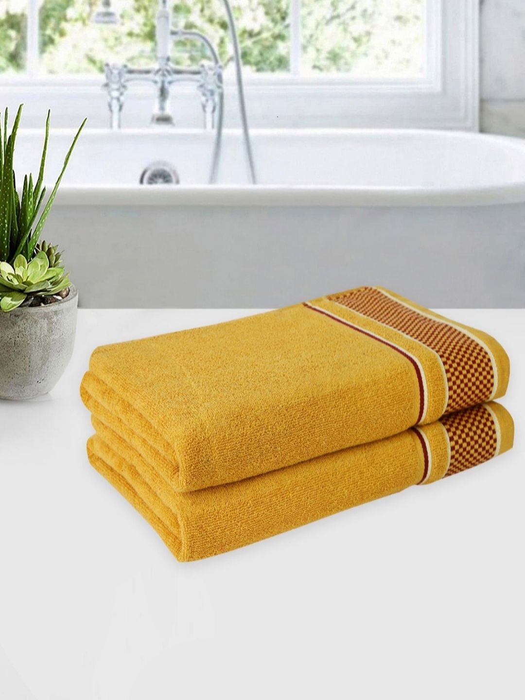 Myntra Elegant Homes Yellow & White 2 Pieces Printed Cotton 500 GSM Bath Towels