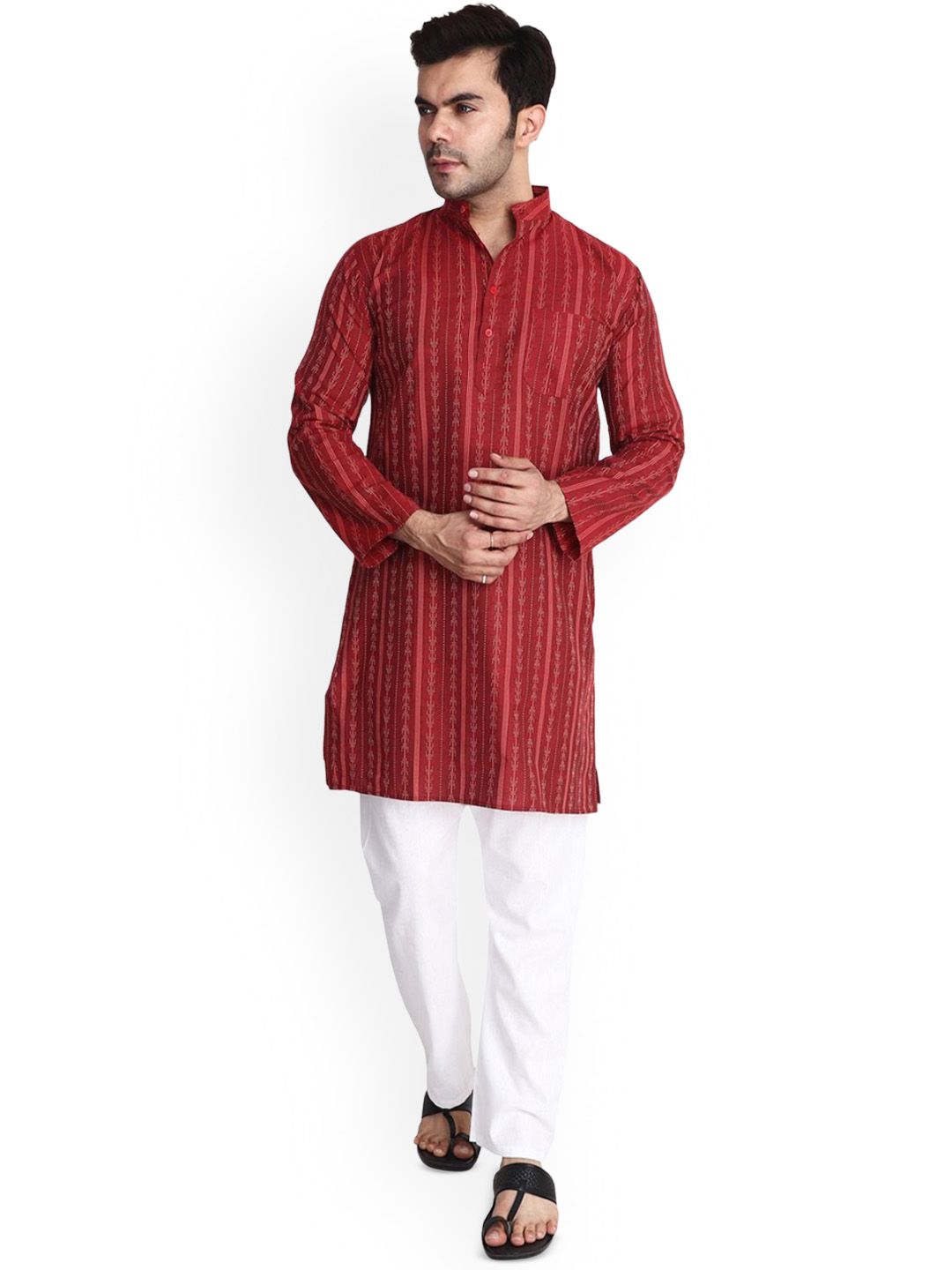 Aaryavar Striped Mandarin Collar Thread Work Cotton Straight Kurta