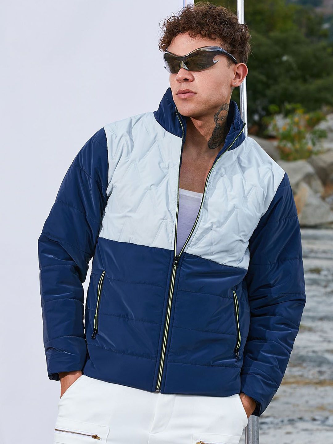 CAHOOT Men Mock Collar Colourblocked Casual Biker Jacket