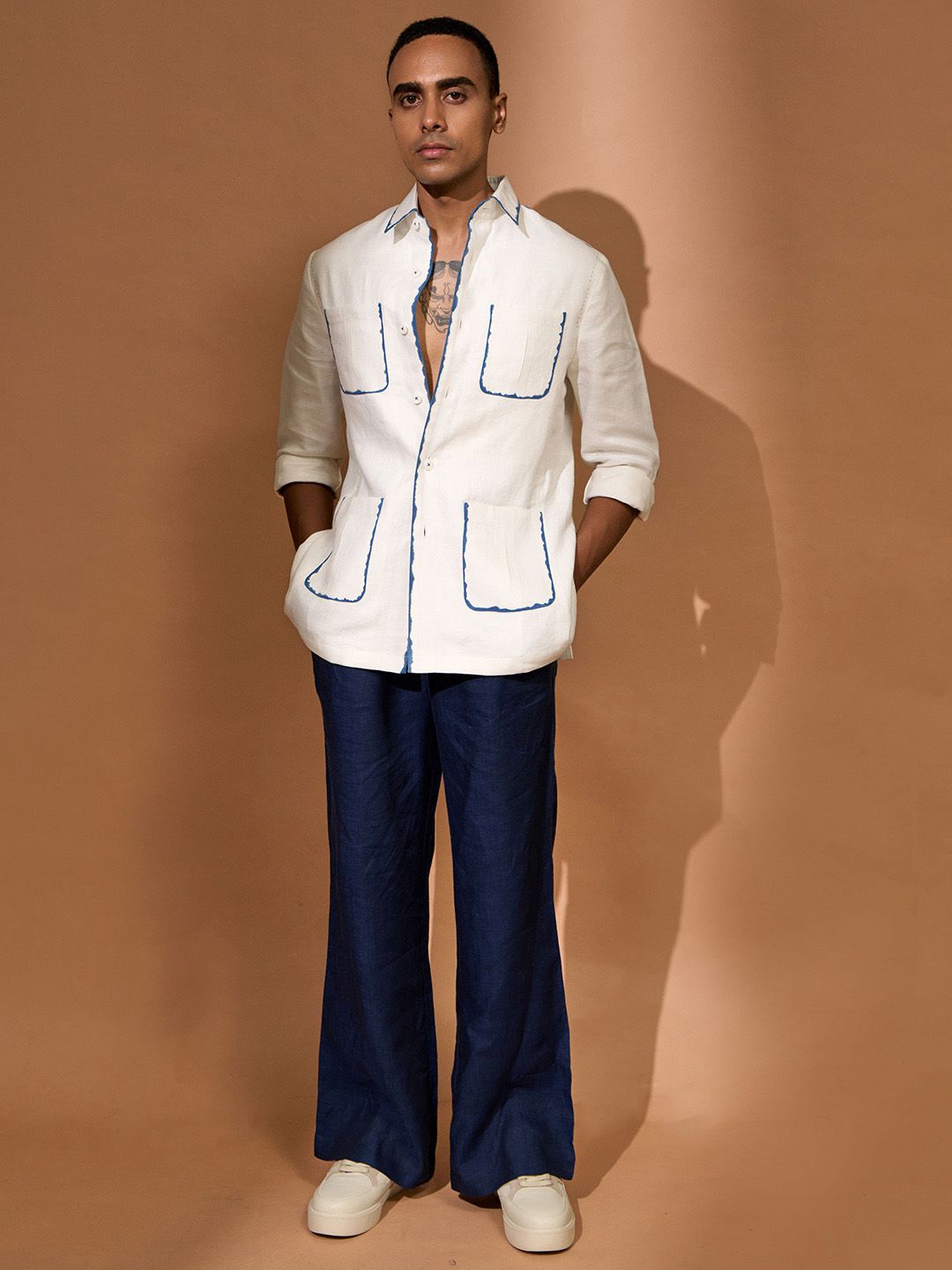 VIVEK KARUNAKARAN Men Spread Collar Solid Linen Casual Tailored Jacket