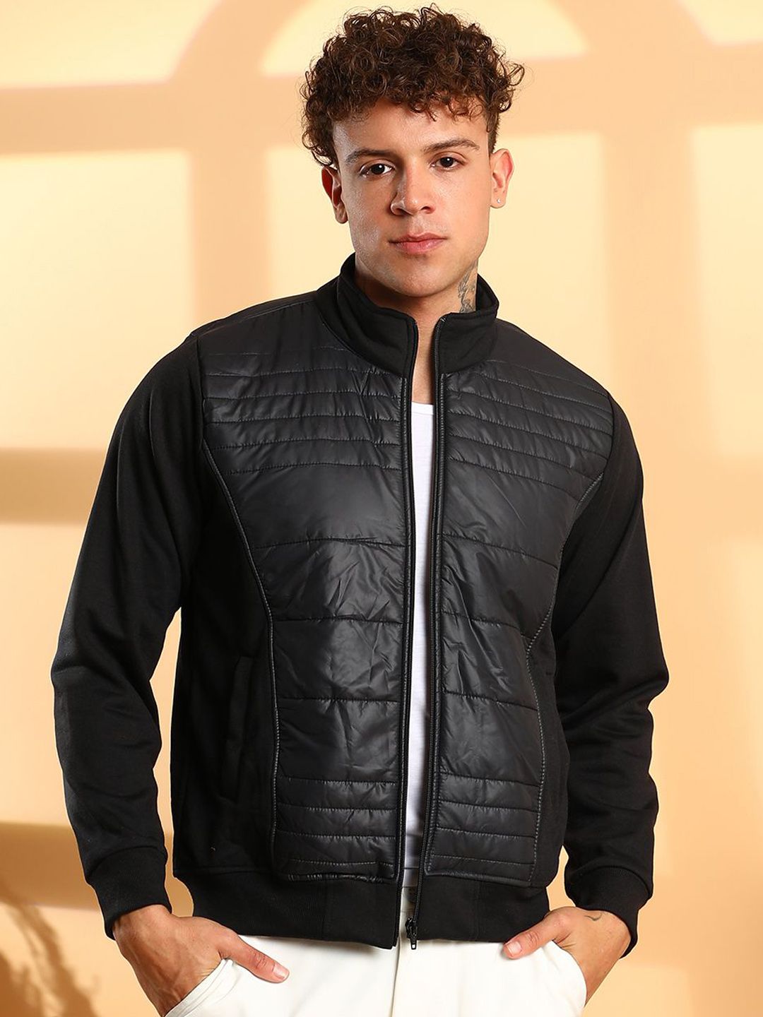 CAHOOT Men Mock Collar Solid Cotton Casual Biker Jacket