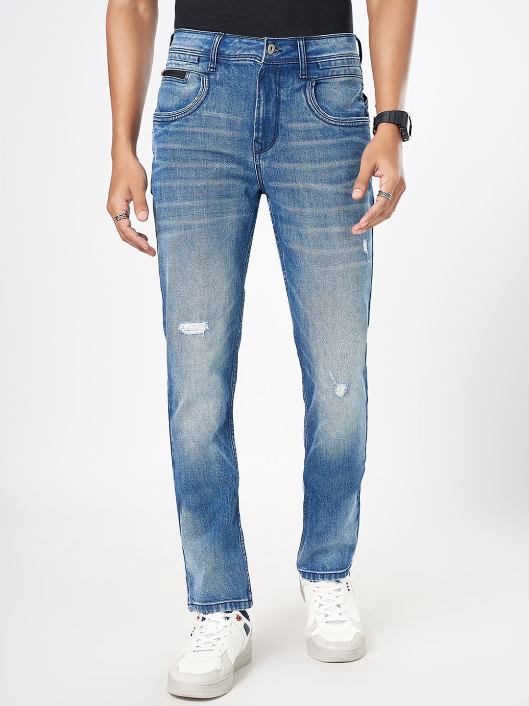 SF JEANS by Pantaloons Men Slim Fit Mildly Distressed Heavy Fade Cotton Jeans