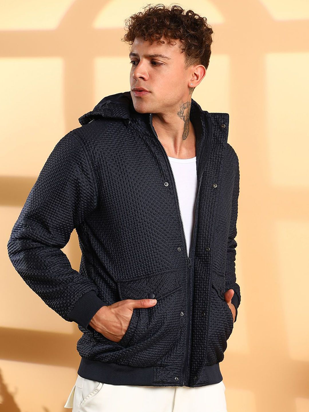 CAHOOT Men Hooded Self Design Casual Biker Jacket