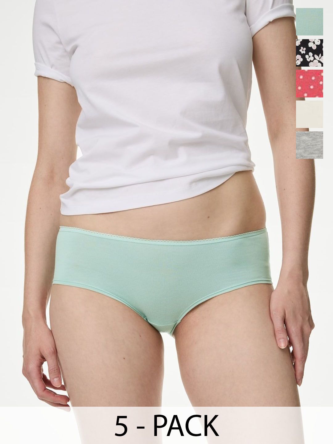 Marks & Spencer Women Pack Of 5 Printed Cotton Low-Rise Basic Brief T615102XDUSTED MINT