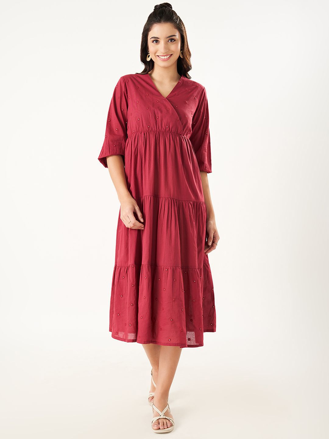 AKKRITI BY PANTALOONS Women Embroidered Three-Quarter Sleevees A-Line Dress