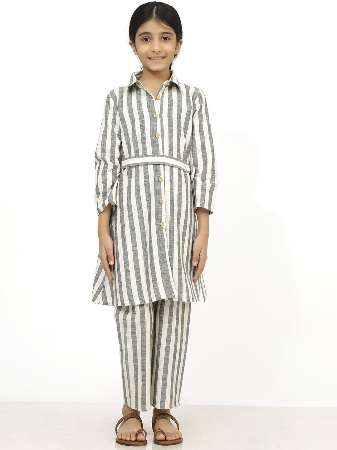 TJORI Girls Striped Printed Pure Cotton Shirt Styled Kurta With Trousers