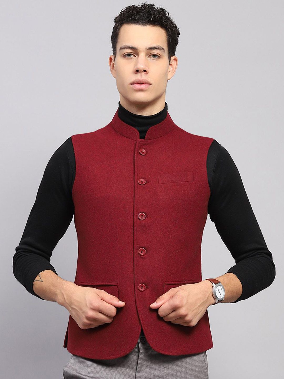 Monte Carlo Men Mandarin Collar Solid Wool Casual Tailored Jacket