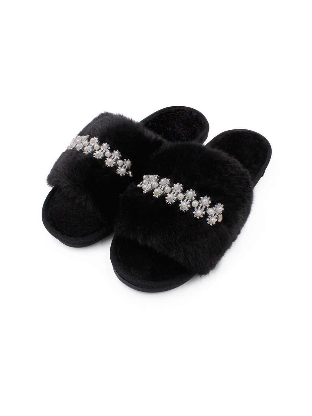 JENNA Women Black Fur Winter Room Slippers