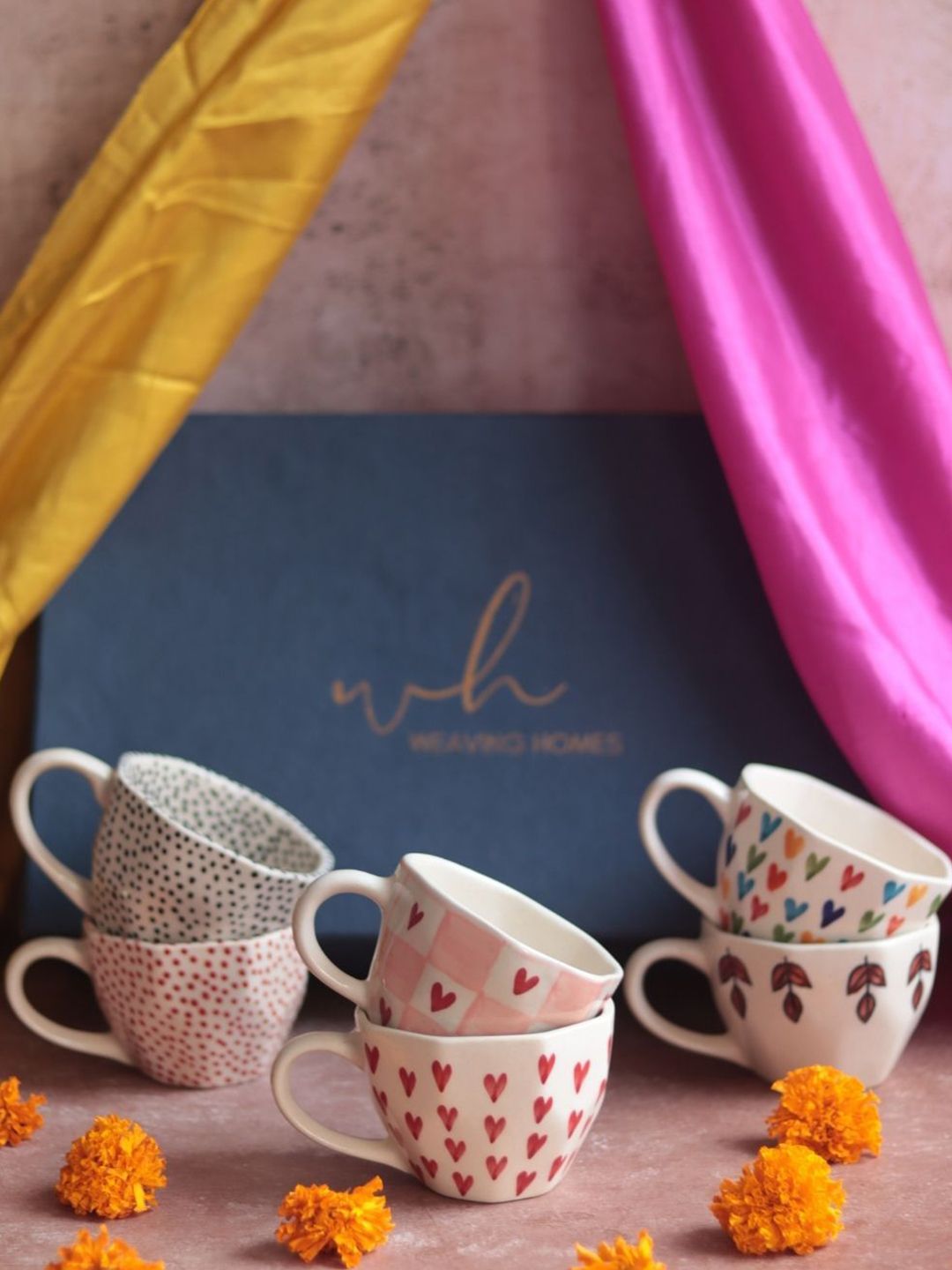 WEAVING HOMES White & Red 6 Pieces Printed Ceramic Cup Home Gift Set