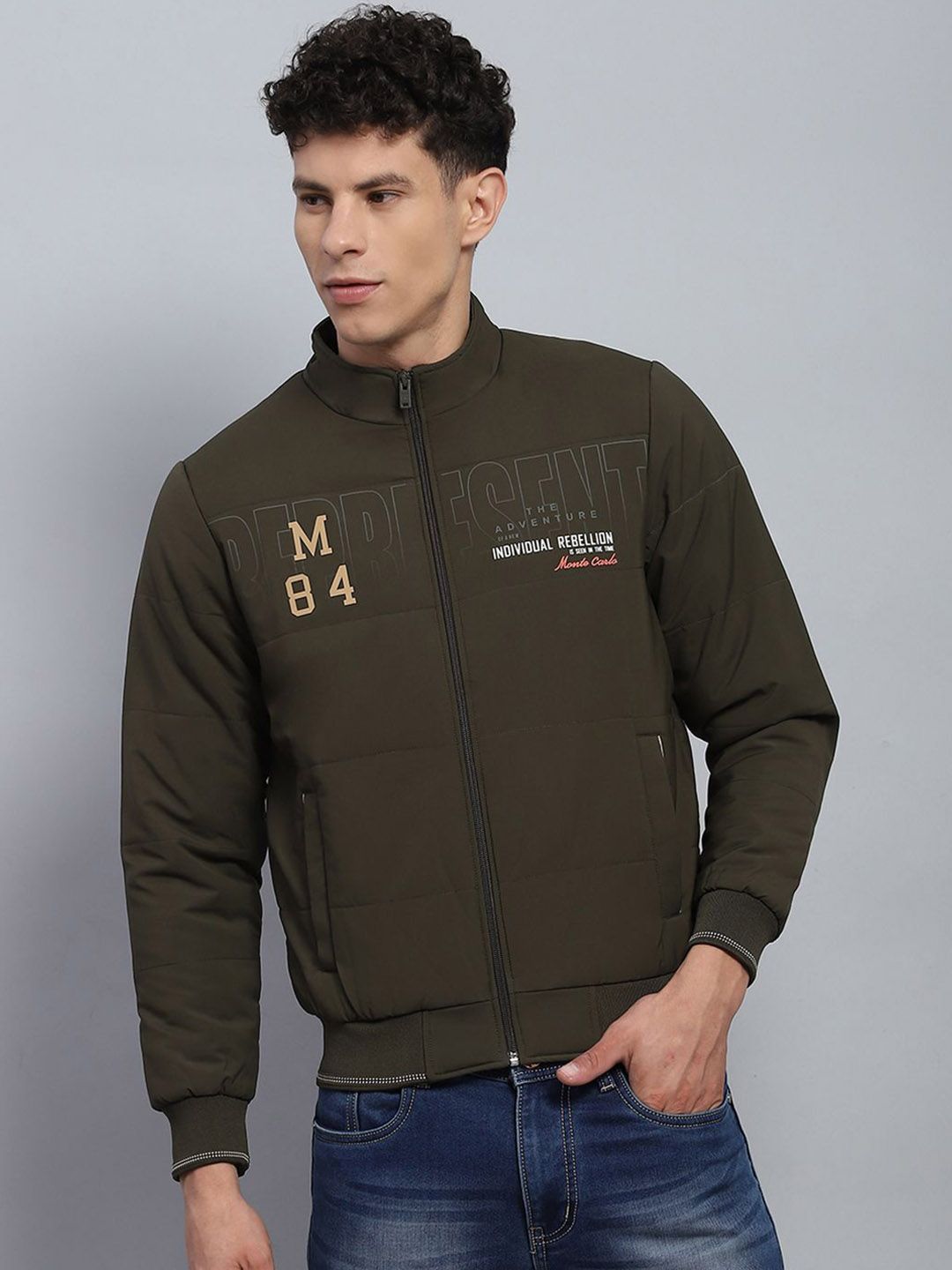 Monte Carlo Men Mock Collar Typography Printed Casual Bomber Jacket