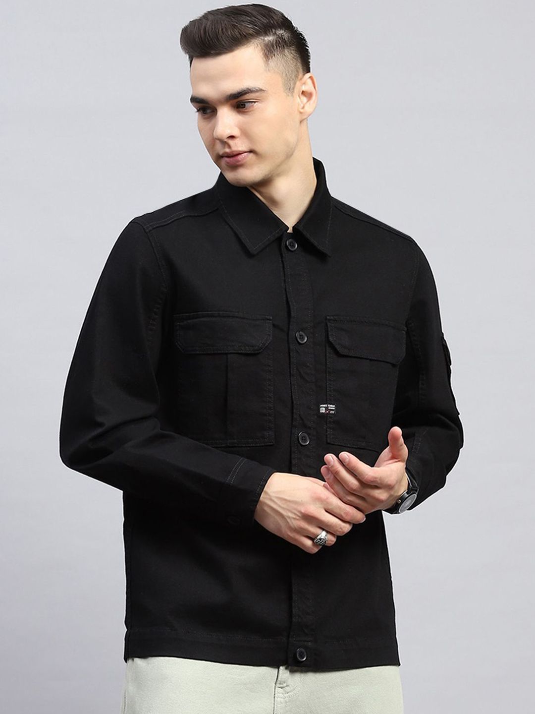 Monte Carlo Men Spread Collar Solid Cotton Casual Denim Jacket