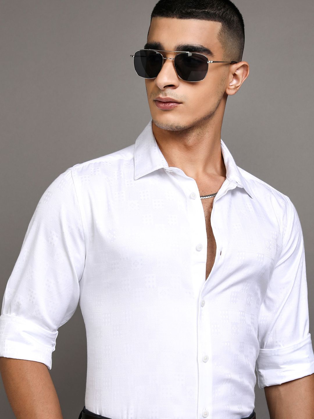 Highlander Men Jacquard Textured Solid Occasion Slim FIt Casual Shirt