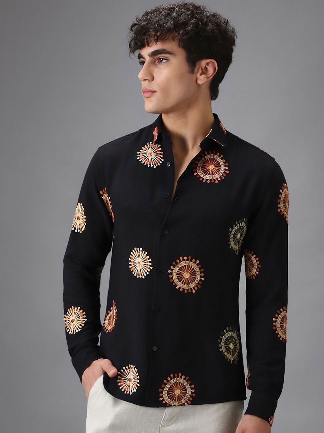 Men Embroidered Casual Shirt Banana Club Men Classic Slim Fit Floral Embroidered Casual Shirt