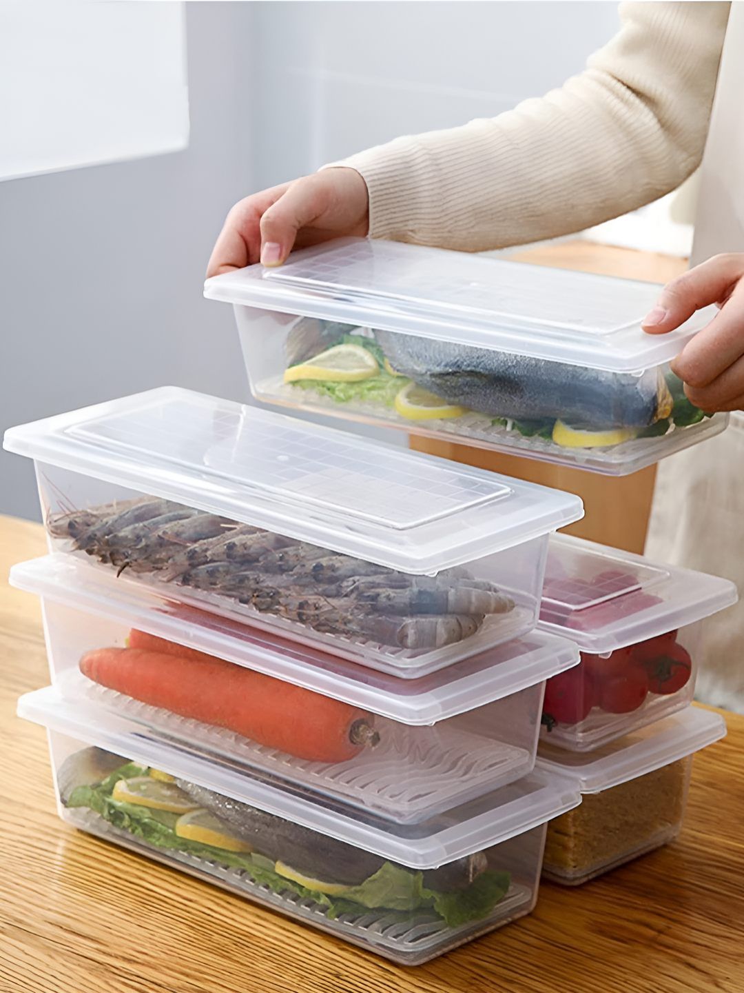 Story@home Story@home White 6 Pieces Fridge Storage Containers with Inbuilt Drain Plate