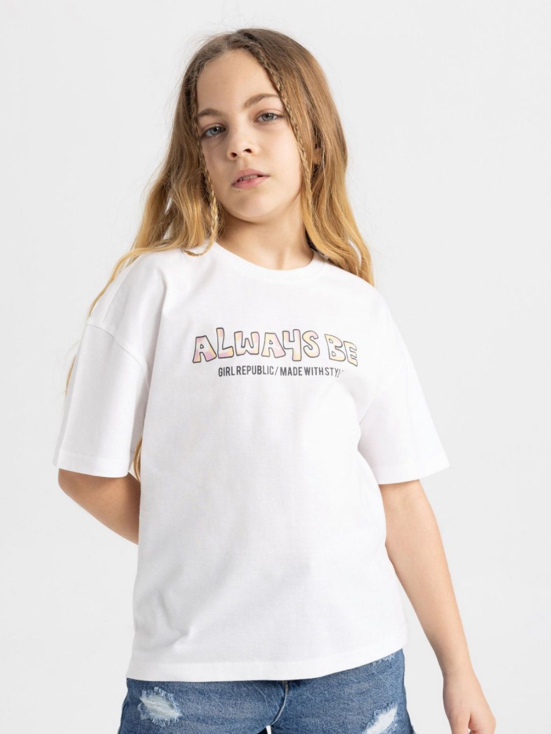 DeFacto Girls Typography Printed Round Neck Cotton T-shirt