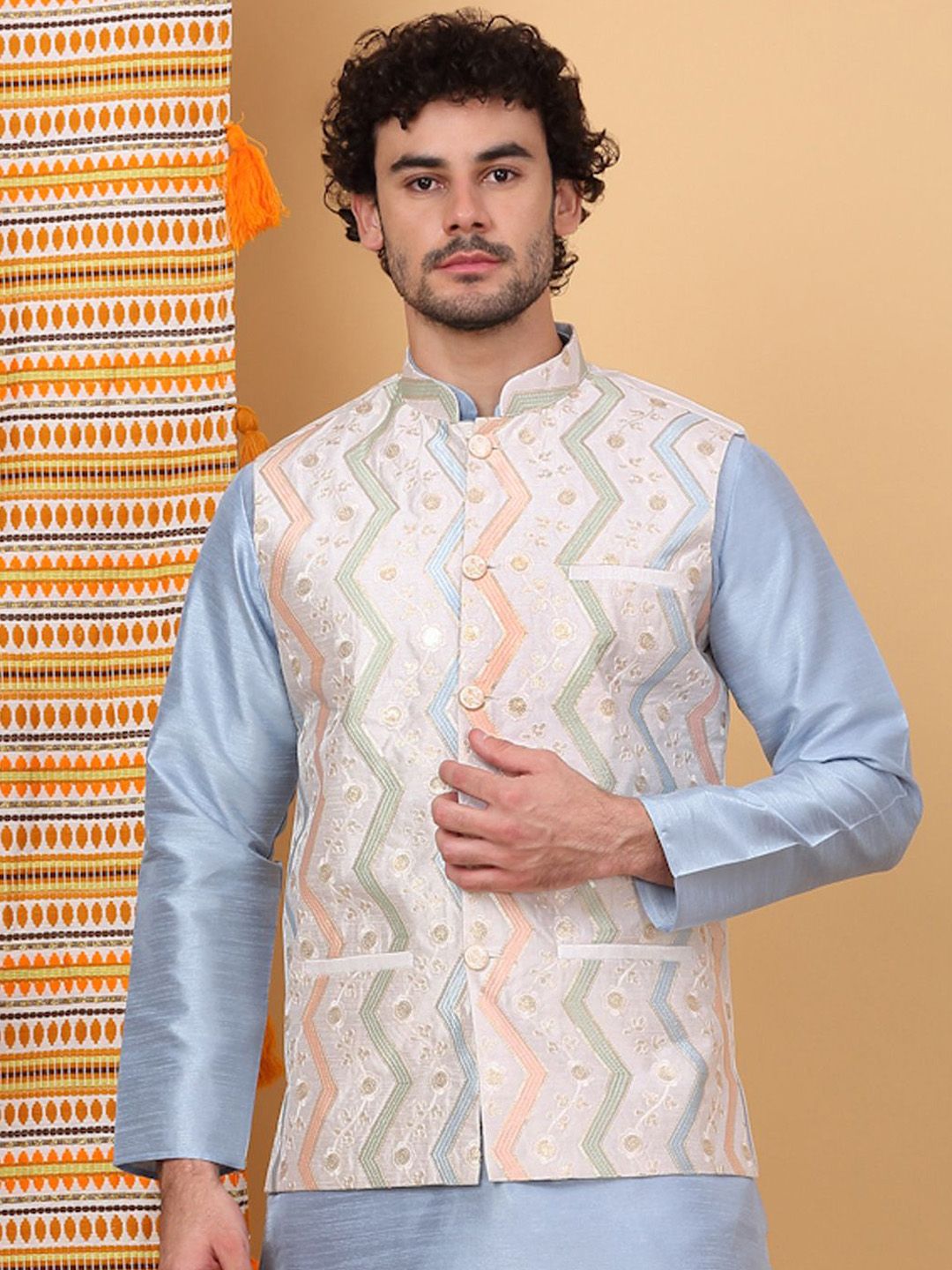 KRAFT INDIA LUXE Chevron Embroidered Woven Nehru Jackets