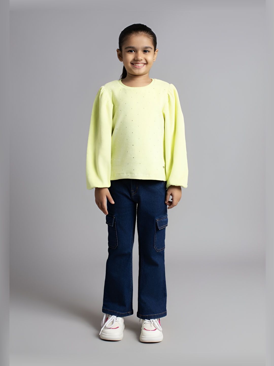 Ed-a-Mamma Girls Bio Finish Self Design Round Neck Cotton Relaxed Fit T-shirt