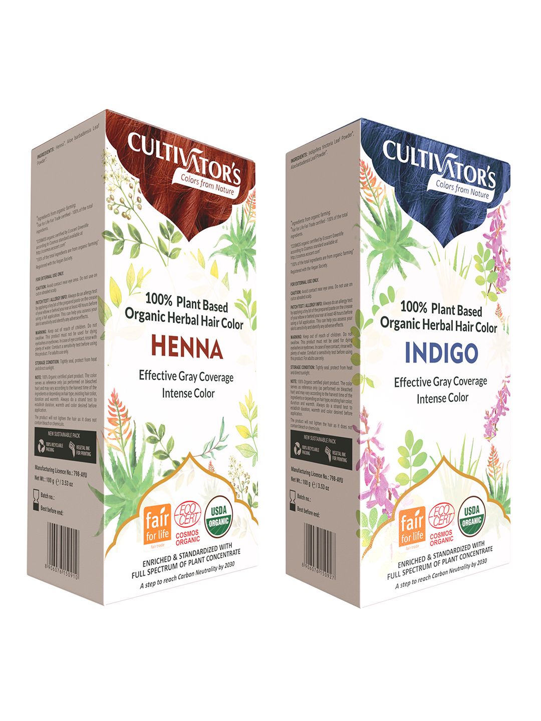Cultivators Set Of 2 Organic Hair Colour Kit 100g Each- Henna & Indigo
