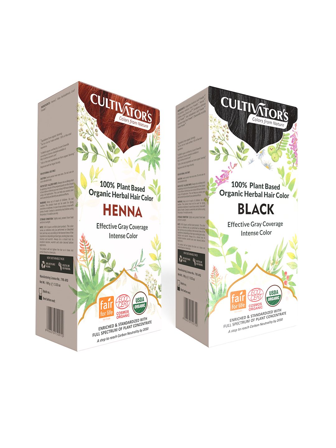 Cultivators 100% Plant Based Organic Herbal Hair Color Henna & Black 100 g Each