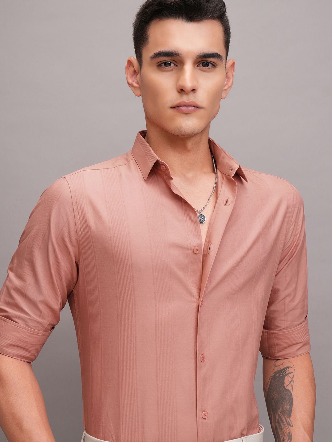 HIGHLANDER Men Rose Dobby Textured Solid Mui Occasion Slim Fit Shirt