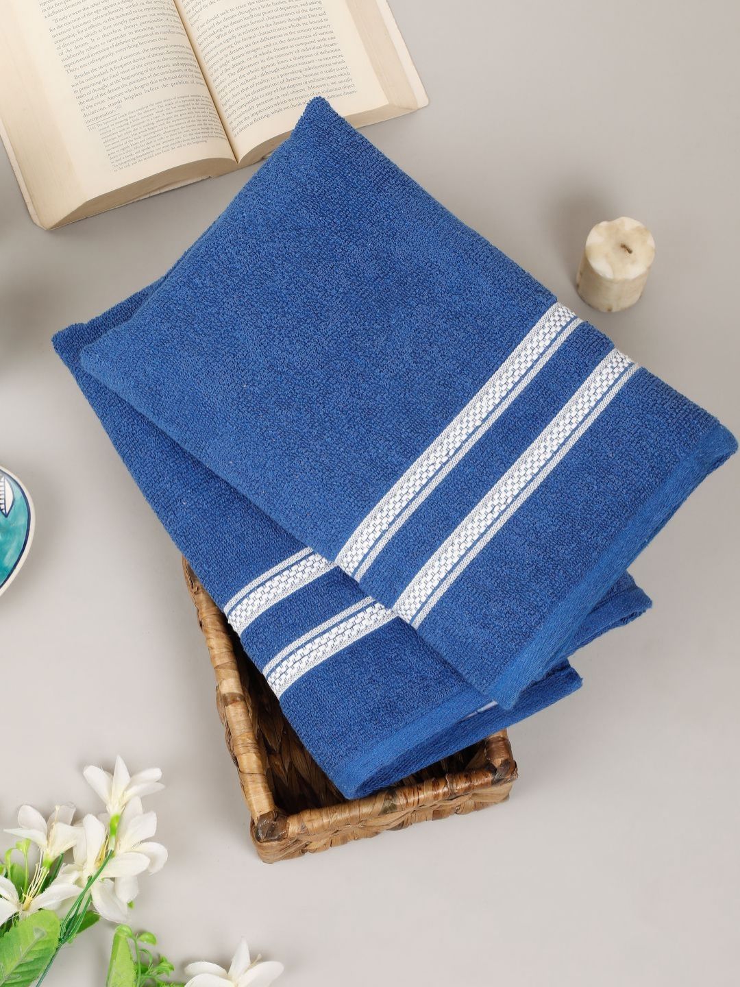 Creeva Comfort Living Blue & White 2 Pieces Striped Cotton 410 GSM Bath Towels
