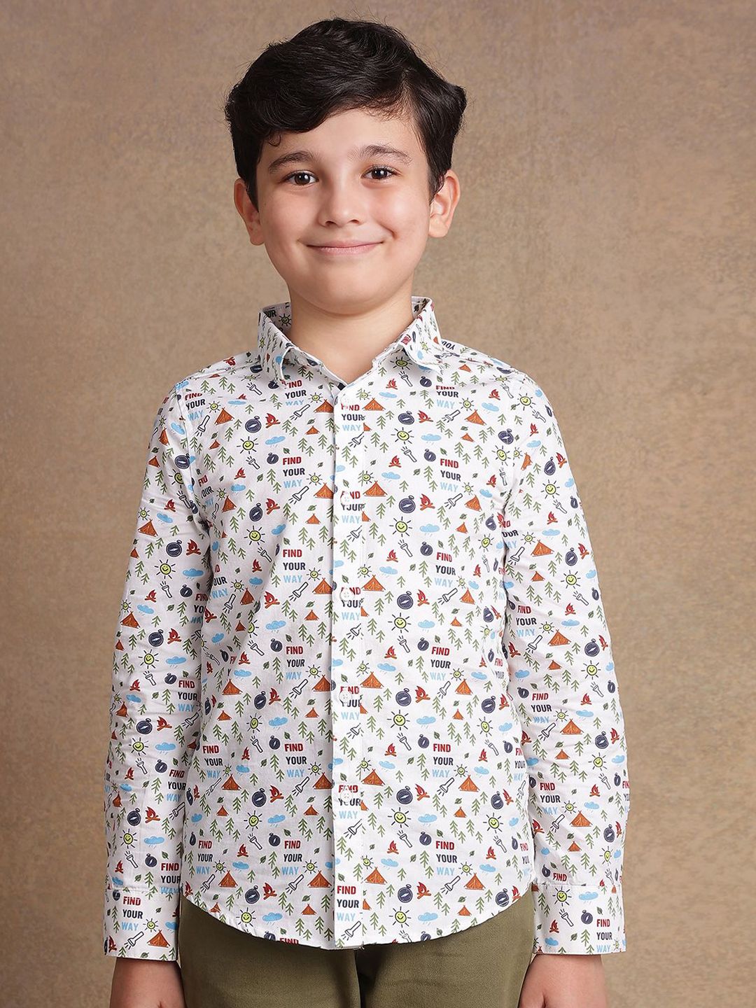 One Friday Boys Comfort Spread Collar Conversational Printed Cotton Casual Shirt