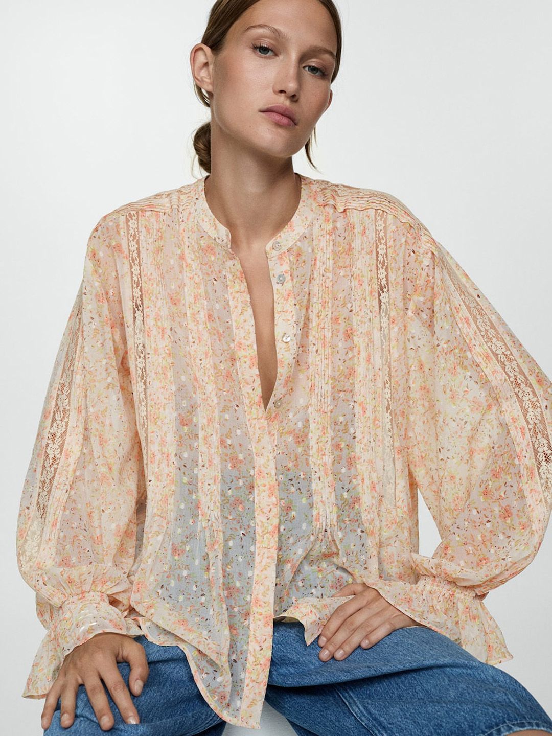 Floral Print Semi Sheer Dobby Shirt Style Top