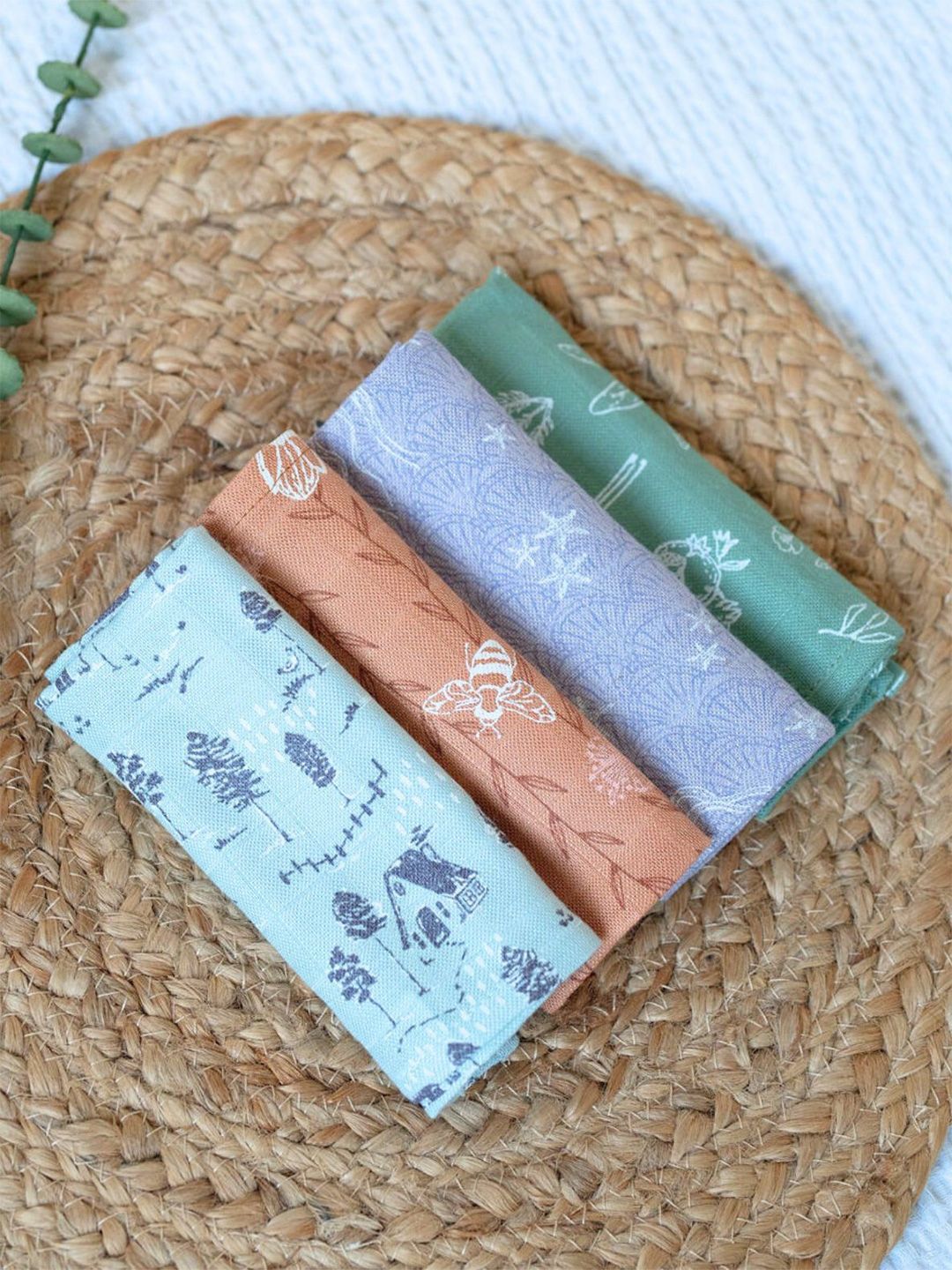 cocoon care Kids Blue & Green 4 Pieces Printed Bamboo 110 GSM Face Towels